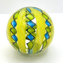 Load image into Gallery viewer, Glass Blown Filigree Ribbon Crown Core Marbles - AQUA/YELLOW/BLACK