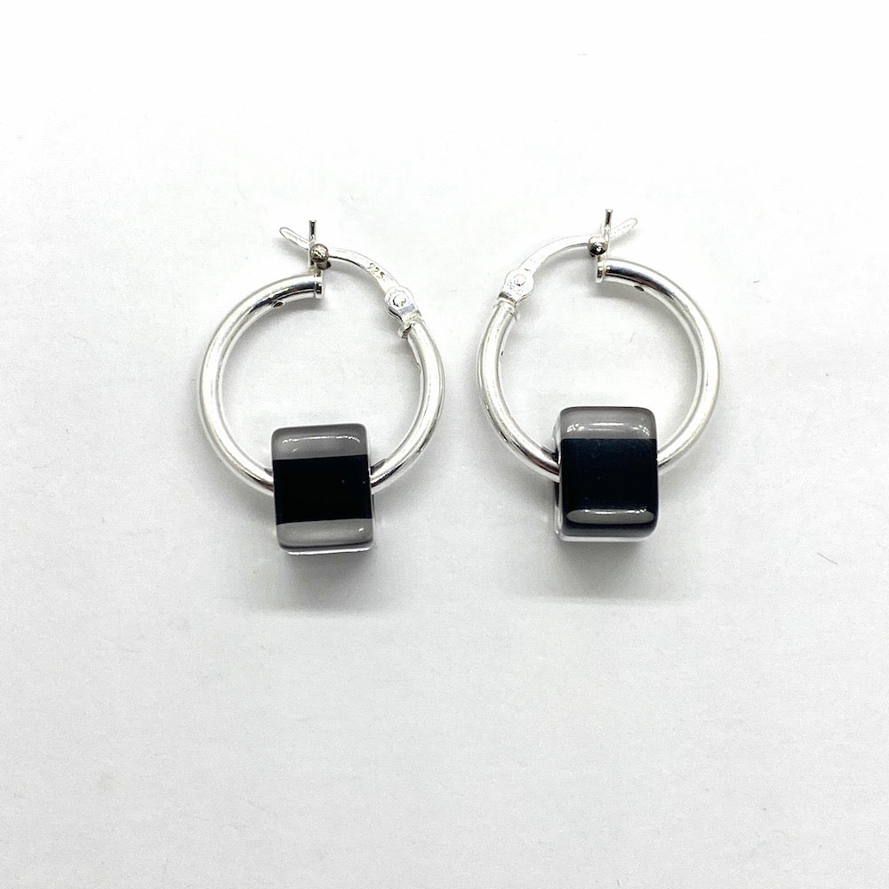 Cane Glass Bead Hinged Hoop Earrings - Black