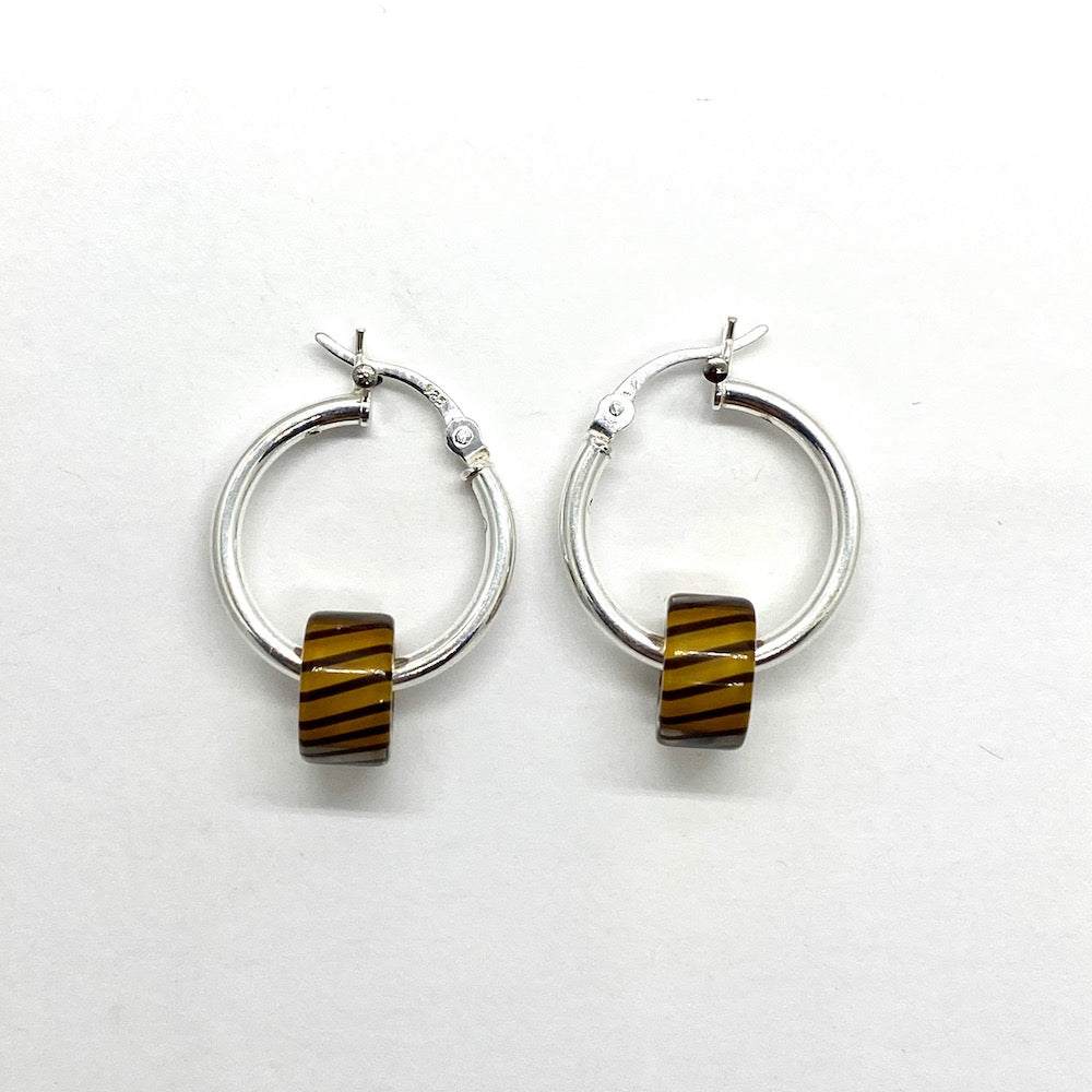 Cane Glass Bead Hinged Hoop Earrings - Amber with Black Stripes