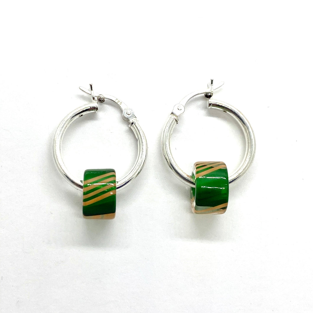 Cane Glass Bead Hinged Hoop Earrings - Green with Soft Orange Stripes