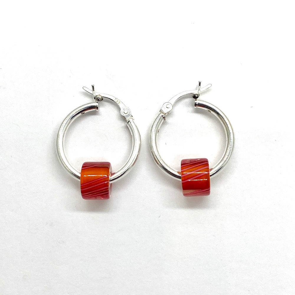 Cane Glass Bead Hinged Hoop Earrings - Orange with Pink Stripes