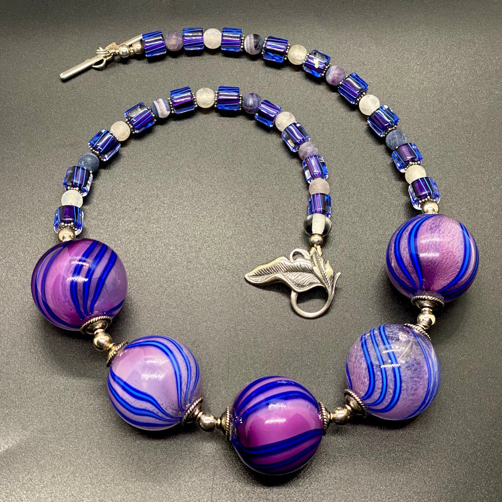 Glass Blown Hollow Filigrana Bead Necklaces, Signature series 5 Bead - PURPLE & COBALT BLUE