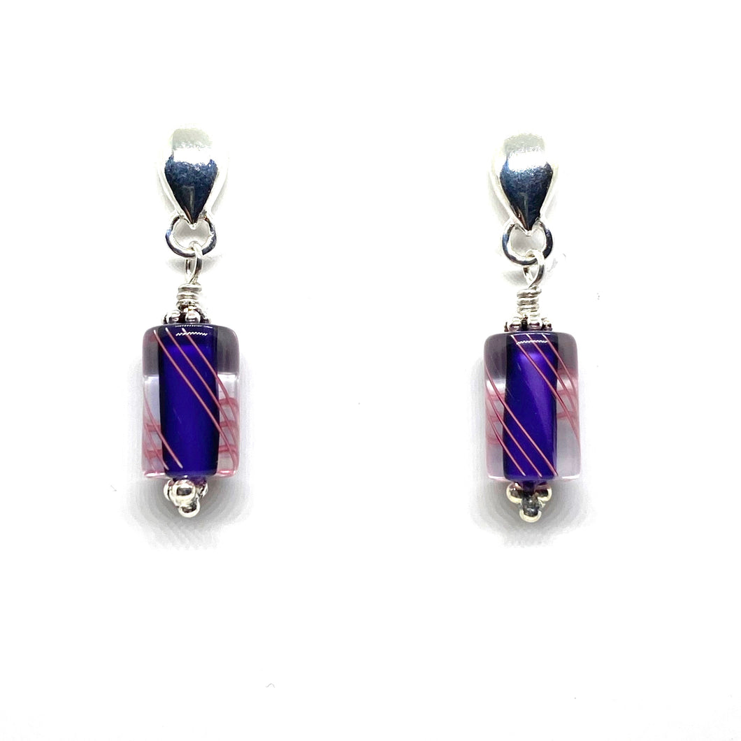 Hand Blown Glass Cane Stud Earrings - Purple