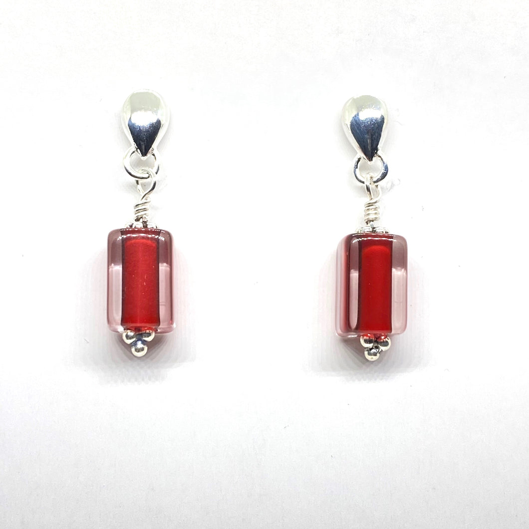 Hand Blown Glass Cane Stud Earrings - Red