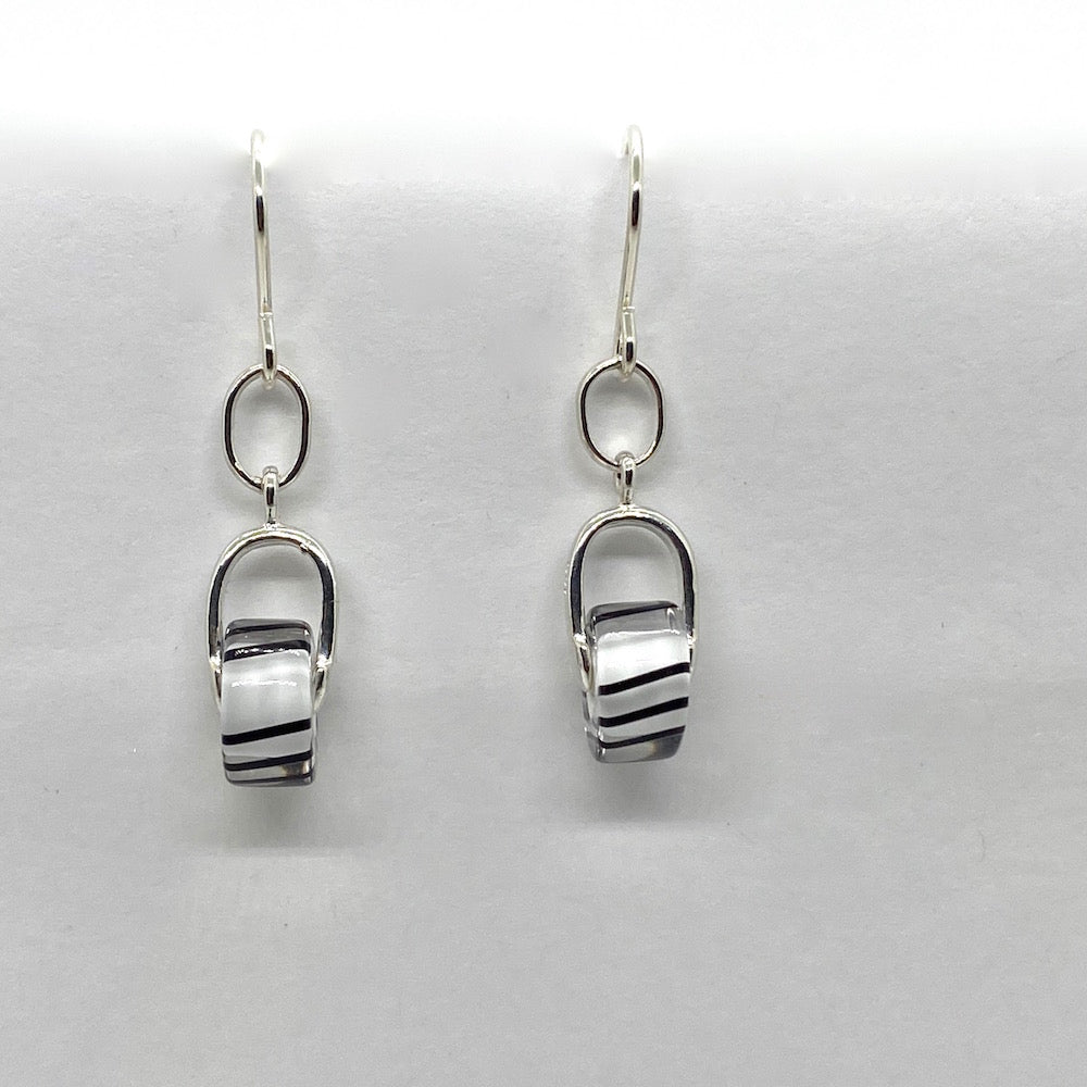 Cane Glass Bead Stirrup Earrings - White/Black