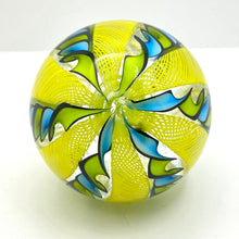 Load image into Gallery viewer, Glass Blown Filigree Ribbon Crown Core Marbles - AQUA/YELLOW/BLACK
