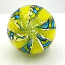 Load image into Gallery viewer, Glass Blown Filigree Ribbon Crown Core Marbles - AQUA/YELLOW/BLACK
