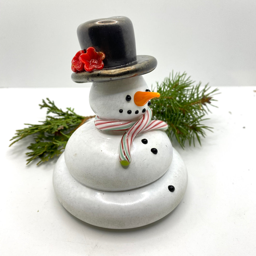 Hand Blown Glass Melting Snowman - Red, Green and White Candy Cane Ribbon Glass Scarf
