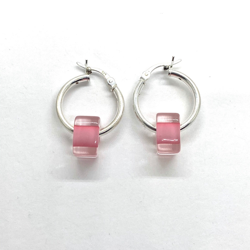 Cane Glass Bead Hinged Hoop Earrings - PINK