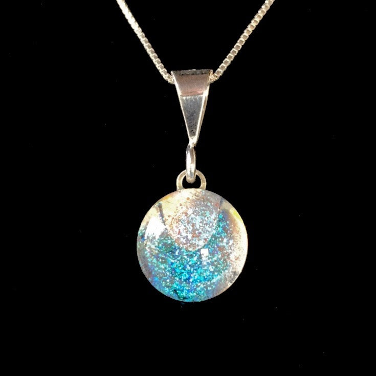 Blown Glass Stardust Pendant Necklaces with Sterling Silver Chain - Silver Blue