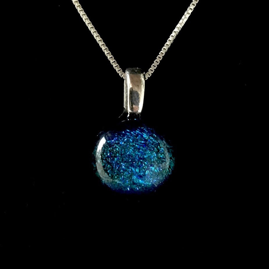 Blown Glass Stardust Pendant Necklaces with Sterling Silver Chain - Blue Green