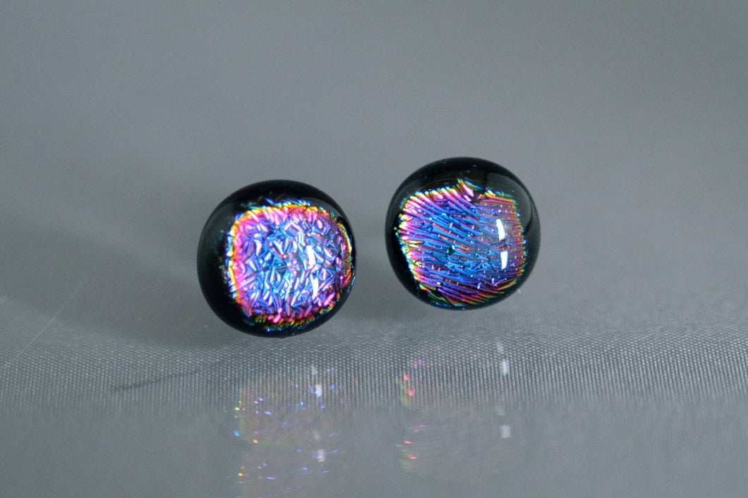 Blown Glass Stardust Stud Earrings Black Frame - Deep Blue with Pink/Gold
