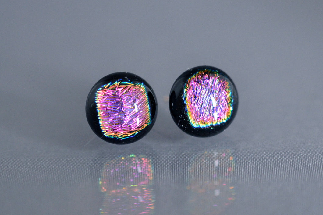 Blown Glass Stardust Stud Earrings Black Frame - Purple/Pink with Gold Edge