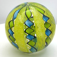 Load and play video in Gallery viewer, Glass Blown Filigree Ribbon Crown Core Marbles - AQUA/YELLOW/BLACK

